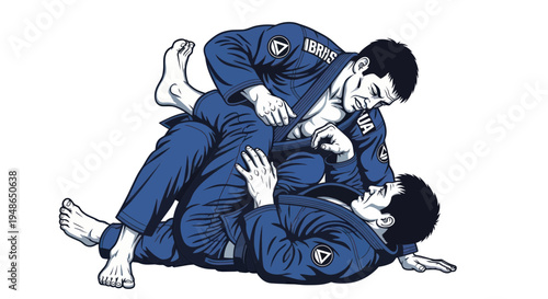 Two men in blue gis grappling on white background, martial arts training