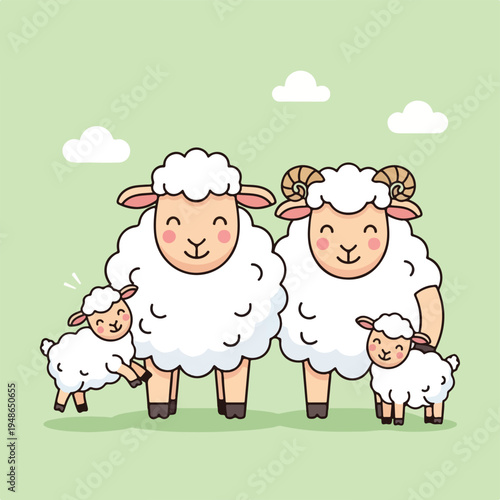 Cute cartoon family of sheep with curly wool on a light green background