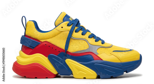 Vibrant Yellow, Blue, and Red Athletic Sneaker with Chunky Sole
