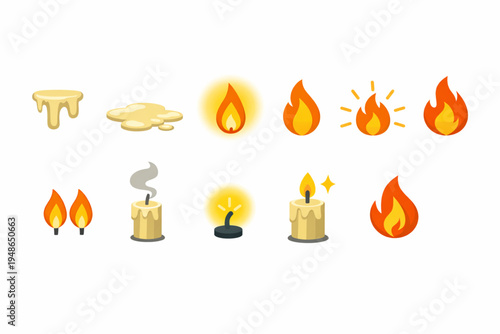 Candle Flame Icon Set – Wax Drip, Glowing Flames, and Sparkles Flat Design
