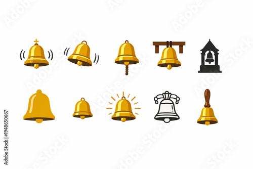 Church Bell Icon Set – Ringing, Hanging, and Ceremonial Bell Symbols Flat Design