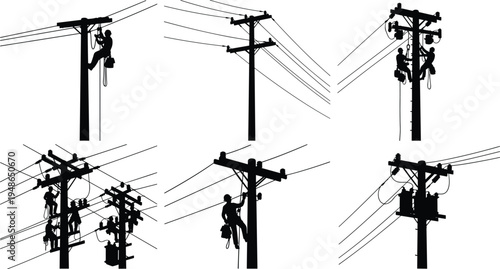 Electric lineman working on power poles silhouettes utility workers repairing electrical transmission lines and transformers isolated illustration set for energy infrastructure and industry design
