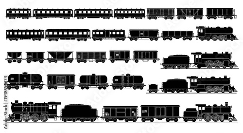 Vintage Steam Trains Collection Silhouette - Retro Locomotive and Carriages