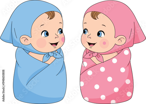 Cute twin babies wrapped in blanket swaddle smiling newborn kids cartoon characters baby care concept vector illustration isolated