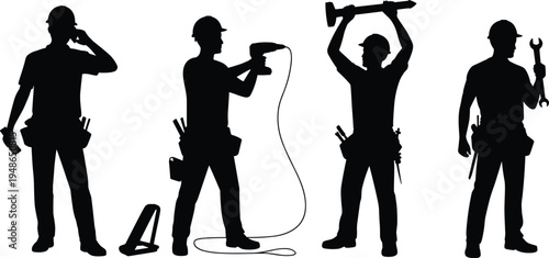 Construction worker silhouettes with tools, builders using drill hammer and wrench, manual labor professionals, industrial workforce concept, isolated vector illustration set