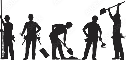 Construction worker silhouettes with tools shovel rake and equipment, builders digging and working on site, industrial labor workforce concept, isolated vector illustration