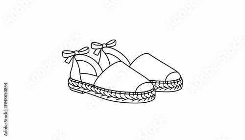 Espadrille Shoes with Ribbon Bows, Outline Drawing, Summer Footwear
