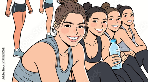 Women exercising and smiling while taking a break outdoors during a fitness session in the morning