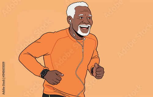 Elderly man jogging with headphones on a bright orange background during a workout session