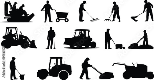 Landscaping and gardening worker silhouettes with tractor mower rake shovel and tools, professional garden maintenance crew concept, isolated black vector illustration set
