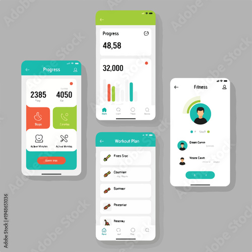 Colorful smartphone app mockups, tracking fitness metrics and workout plans
