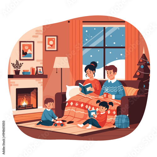Family reads by a warm fireplace with snow outside the window