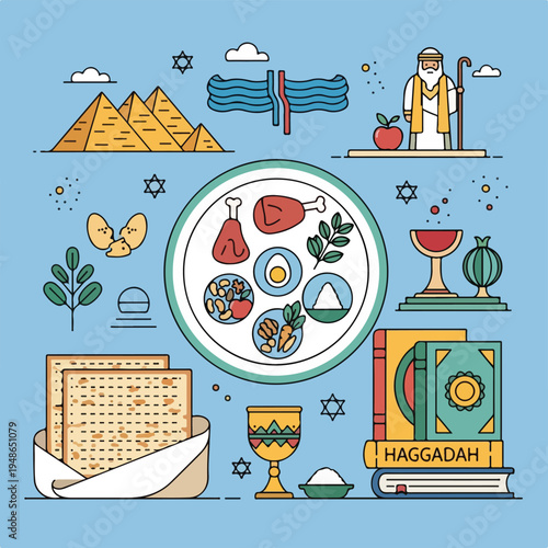 Colorful illustration with symbols, food, and text on a light blue background