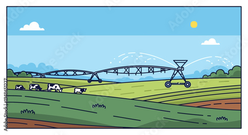 Cows grazing near an automated irrigation system on a farm.