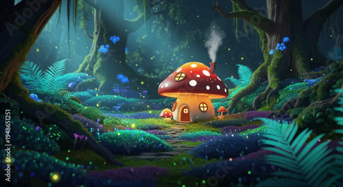 Enchanting Mushroom House in a Magical Forest.
