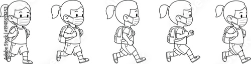 Cute school girl wearing face mask walking with backpack, kids safety health concept, cartoon character step sequence vector illustration