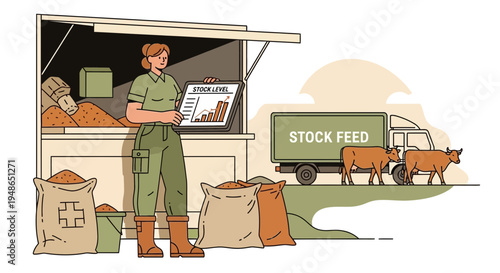 Farmer checking livestock feed inventory and delivery truck.