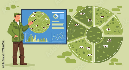 Farmer analyzing farm data on digital screen and pie chart.