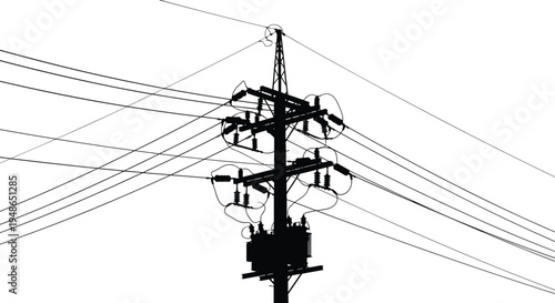 Electric utility pole with transformer and power transmission lines silhouette electricity distribution infrastructure isolated illustration for energy, technology and industrial design