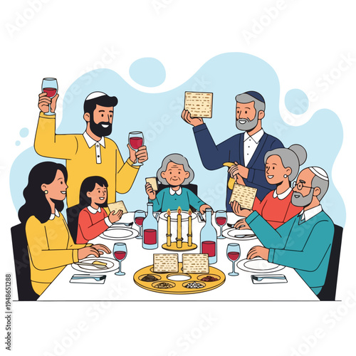 Family sitting together for a meal at a long white table, toasting