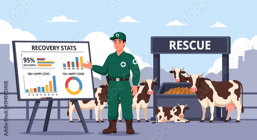 Man in green uniform presenting recovery statistics near rescued cows.