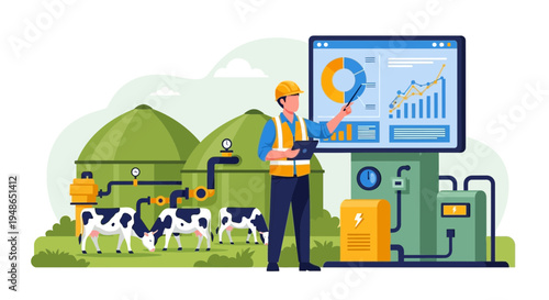 Man in hard hat presenting biogas production data on screen.