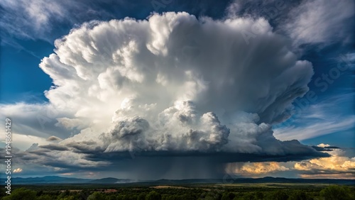 Dangerous Storm Massive cumulonimbus cloud with anvil top forming over a landscape, indicating a severe thunderstorm or heavy rainstorm.