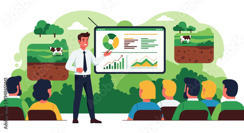 Man presenting business growth charts and agricultural data to audience.