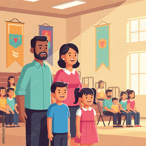 Family with two children in a colorful, illustrated event setting