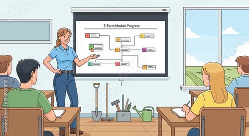 Teacher instructing students in a classroom setting.