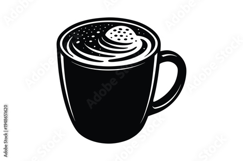 A black and white illustration of a coffee mug with whipped cream