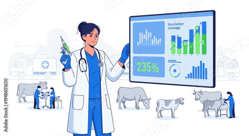 Veterinarian Analyzing Data and Administering Vaccine to Livestock.