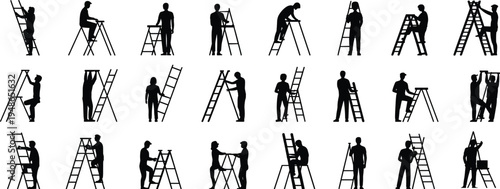 Workers climbing ladder silhouettes set with construction and maintenance activities, builders using step ladders for repair tasks, isolated black vector illustration collection