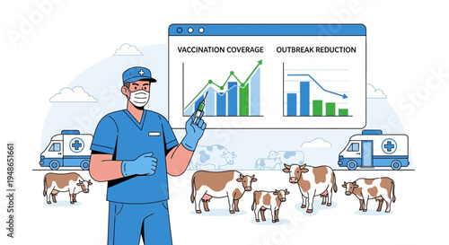 Veterinarian holding syringe near cows and medical charts.