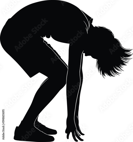 Woman stretching forward bend silhouette exercise, fitness flexibility workout pose, healthy lifestyle training vector illustration isolated design concept