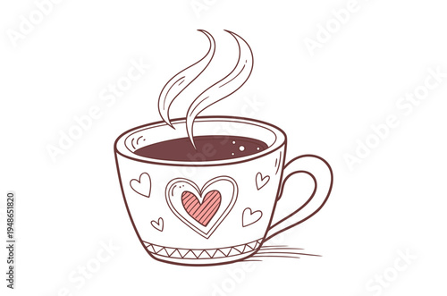 A charming hand drawn illustration of a steaming cup of coffee or tea
