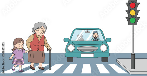Grandmother and child crossing street on pedestrian crosswalk with traffic light road safety awareness concept vector illustration