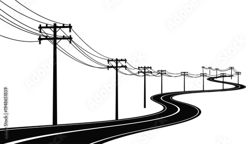 Electric power poles with transmission lines along winding road silhouette utility electricity distribution infrastructure landscape isolated illustration for energy industry and technology design