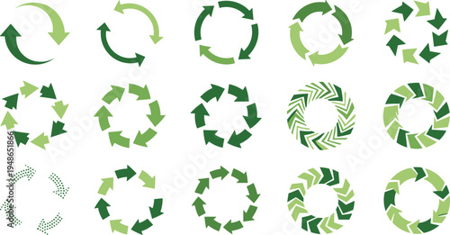 Green recycle arrows icons set, circular eco rotation symbols collection for sustainability, environment protection, renewable energy concept design