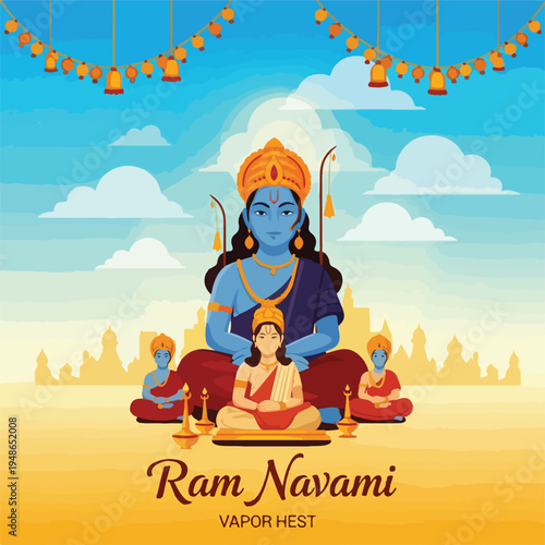 Festive depiction of seated religious figures, with bells and clouds