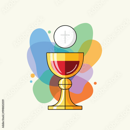 Digital art featuring a chalice, host, and colorful abstract shapes