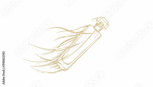 Elegant Perfume Bottle Sketch with Flowing Lines, Golden Outline, Isolated on White