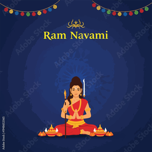 Festive illustration showing a deity with lamps and colorful decorations