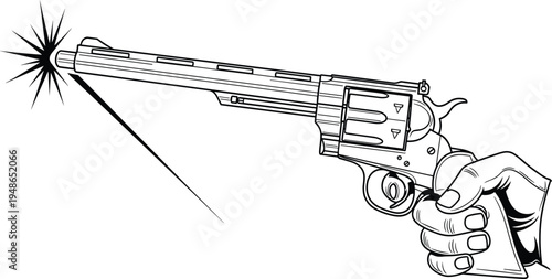 Hand holding revolver pistol firing bullet with muzzle flash outline drawing vintage handgun weapon illustration isolated black and white vector style