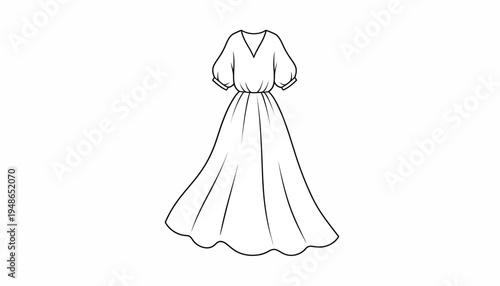 Elegant Puff Sleeve Maxi Dress Fashion Illustration Line Art