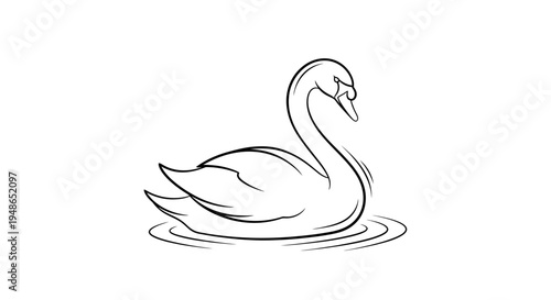 Elegant Swan Floating on Rippling Water, Minimalist Line Art Illustration