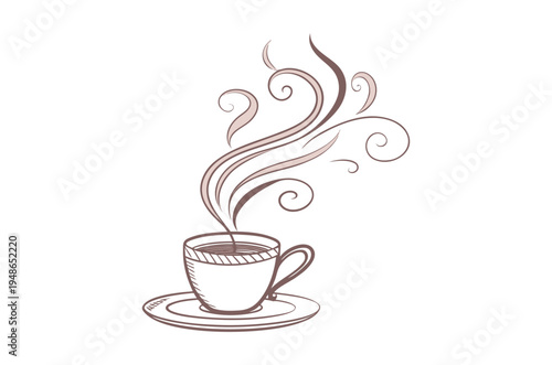 A steaming cup of coffee or tea with swirling decorative flourishes