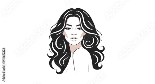 Elegant Woman Portrait, Long Wavy Hair, Makeup, Beauty, Fashion, Minimalist Line Art