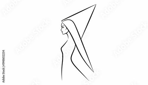 Elegant Woman Profile Silhouette with Abstract Geometric Headwear, Minimalist Line Art