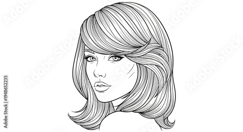 Elegant Woman Portrait, Retro Hairstyle, Black and White Line Art Illustration